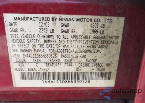 2006 Nissan Altima 2.5 S z USA, uszkodzony, nr VIN 1N4AL11D86N350528